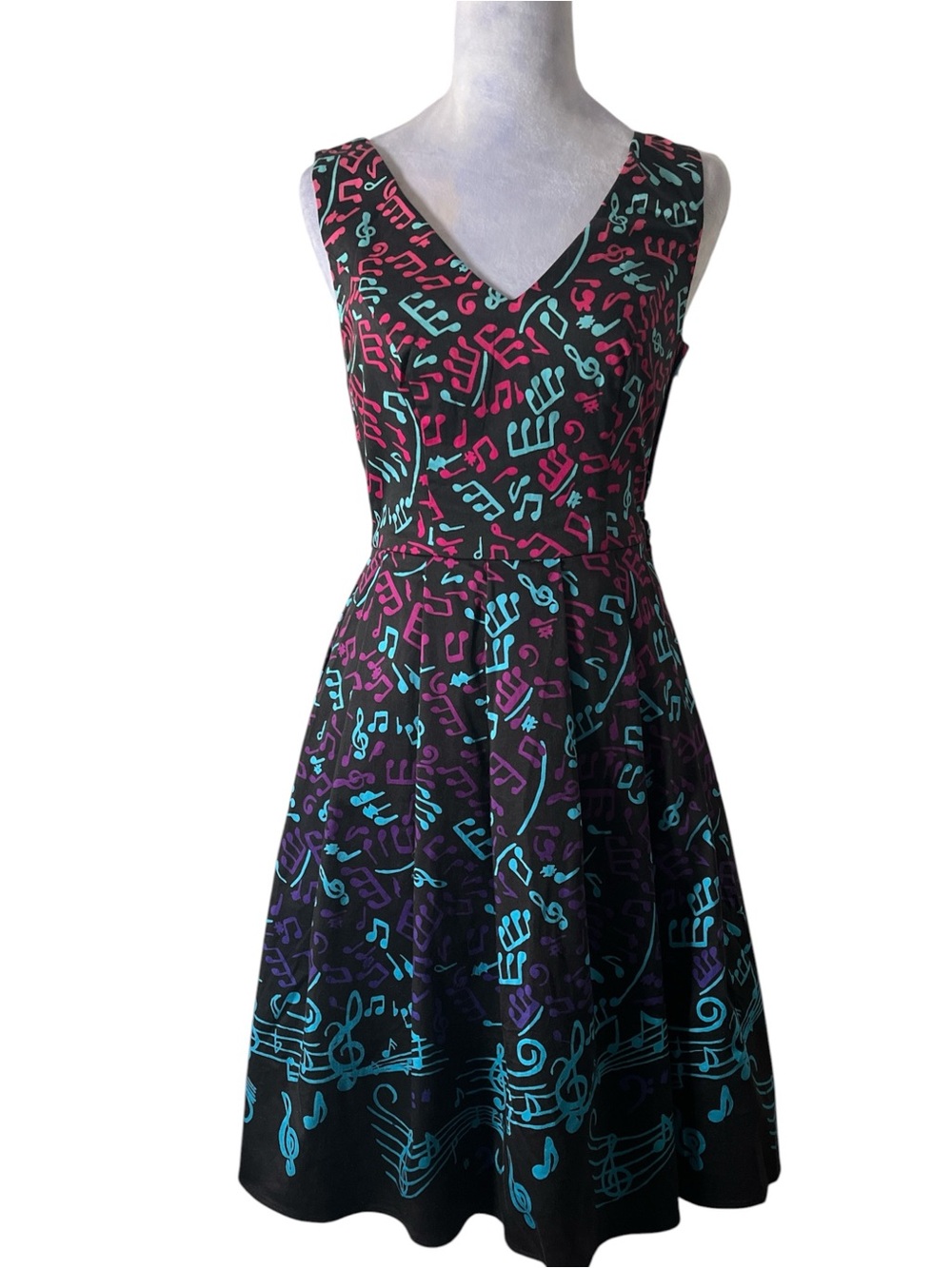 Modcloth Black Fit-and-Flare Dress w/Teal, Pink & Purple Music Note Print Sz S